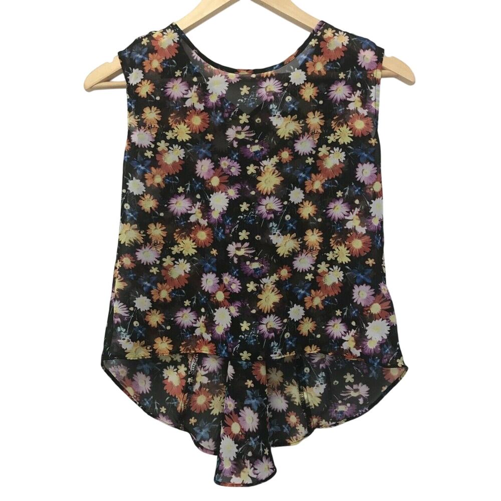 D Signed Top Womens Small Tank Daisy Floral High Low Black
